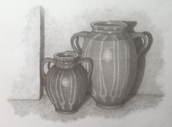 pencil drawing of two pots