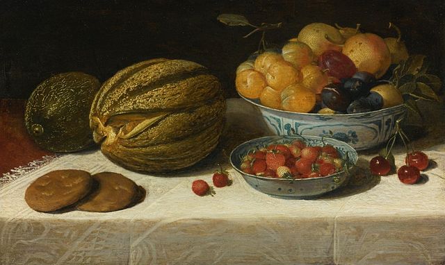 Still life with melons plums cherries and bread on a table by Floris van Dijck