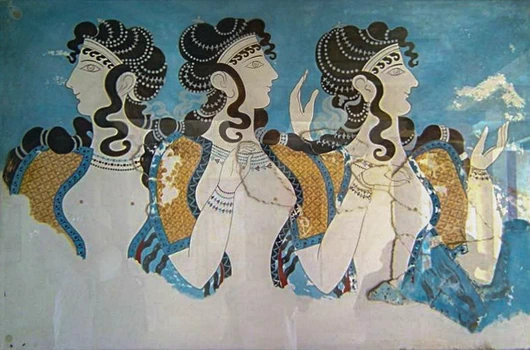 Fresco from the Knossos Palace depicting three stylized women figures in profile.