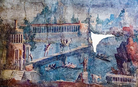 A fresco from Herculaneum depicting a harbour landscape with the sea, boats, people, a bridge and buildings in the background.